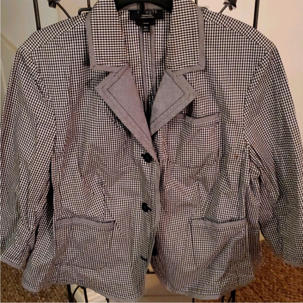 Talbots Black and White Gingham Houndstooth Pattern Blazer 3/4 Sleeves Size 18W